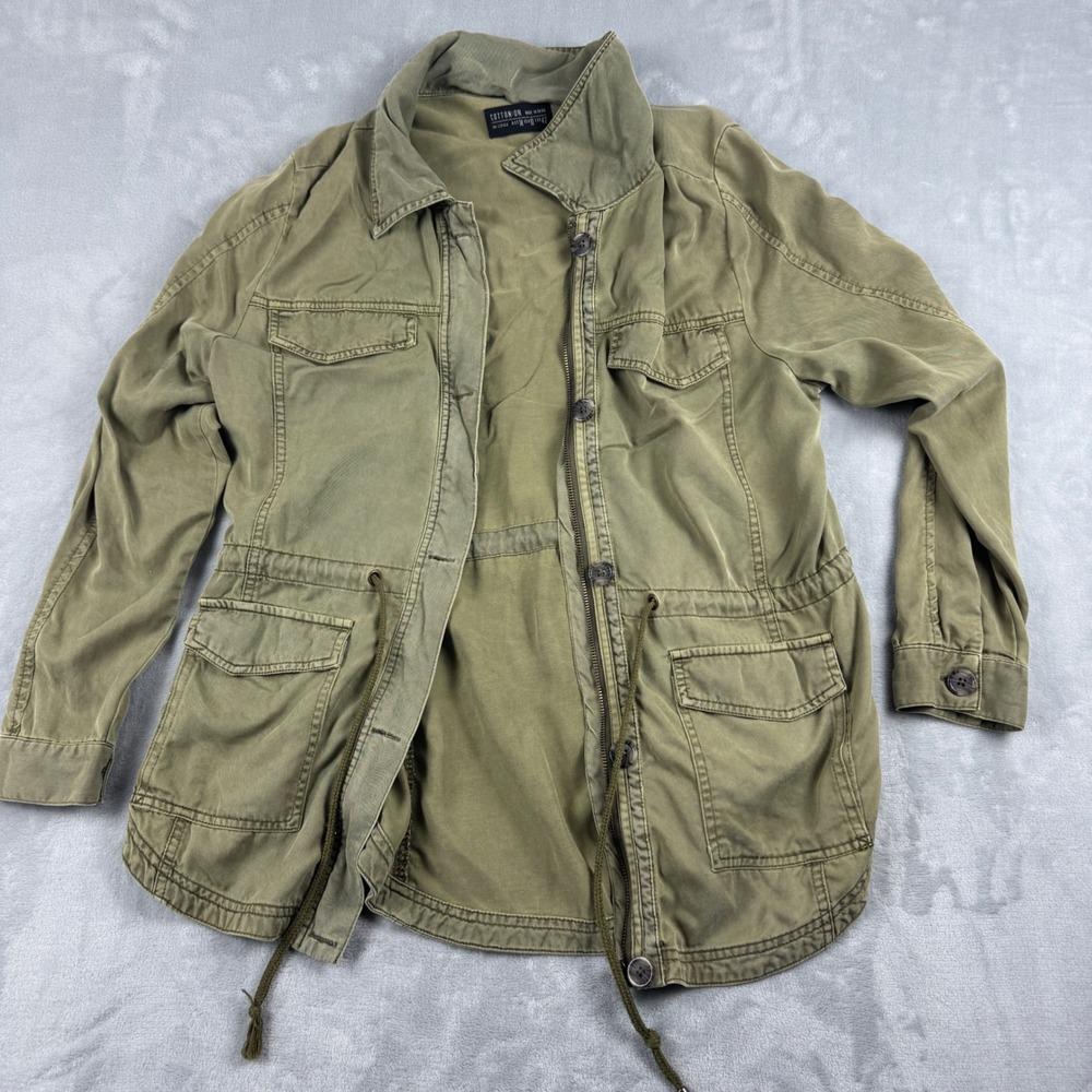 Cotton On Olive Green Utility Military Field Jacket Drawstring Waist Womens 10